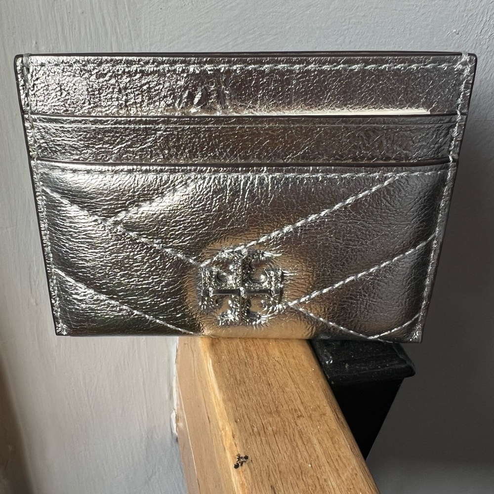 Tory Burch Kira silver Chevron Metallic Pave Logo card case NWT